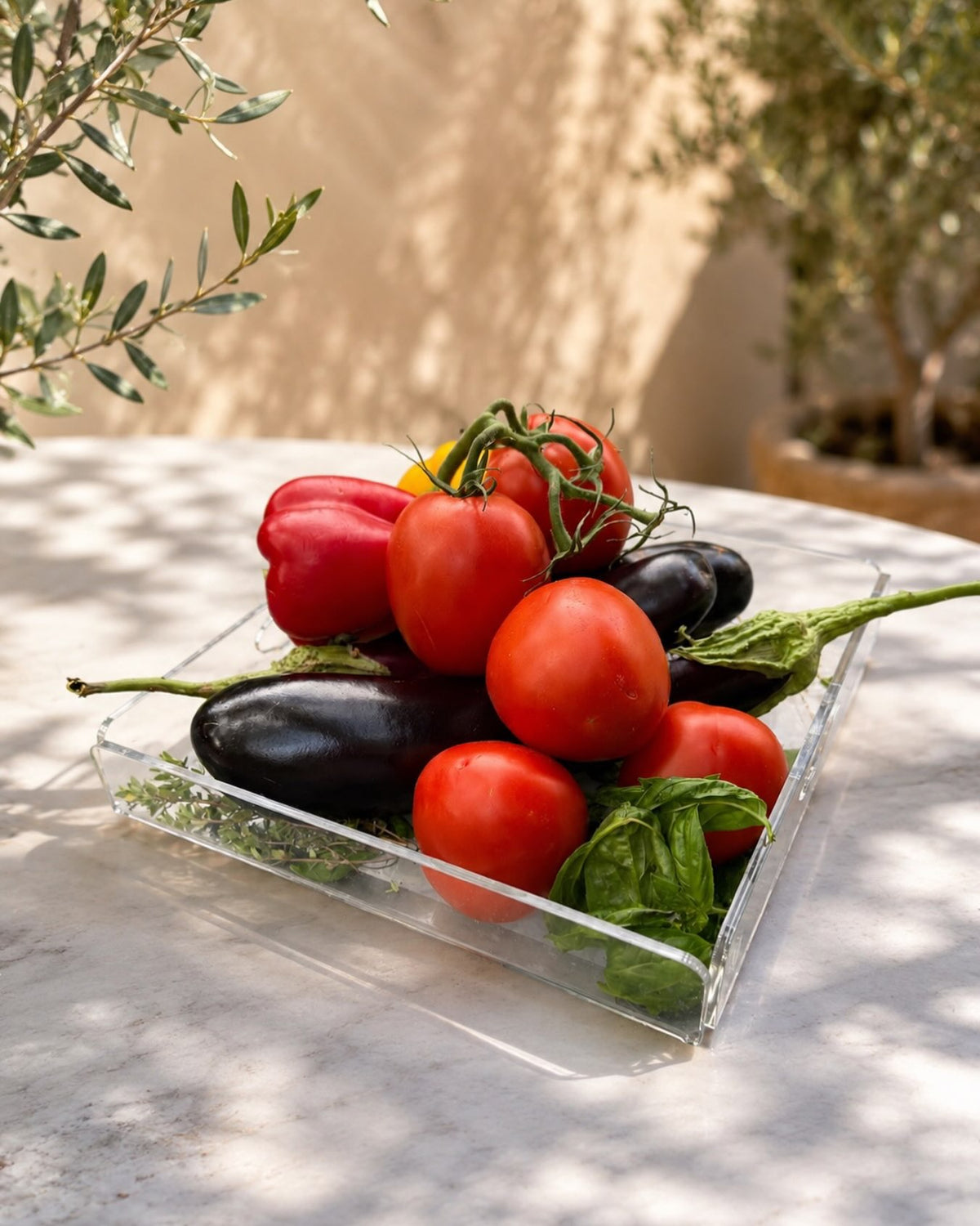 Plateau en plexi transparent garni de tomates, d’aubergines et de basilic, sur une table en pierre au soleil