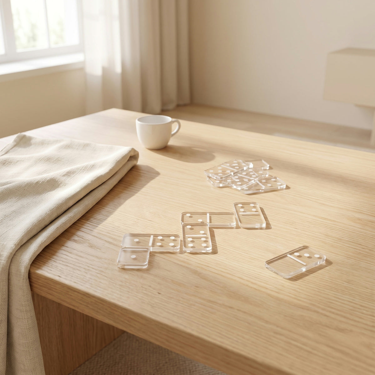 Dominos en plexi transparent à points blancs, disposés sur une table basse en chêne clair à côté d'une tasse blanche et d'un plaid en lin
