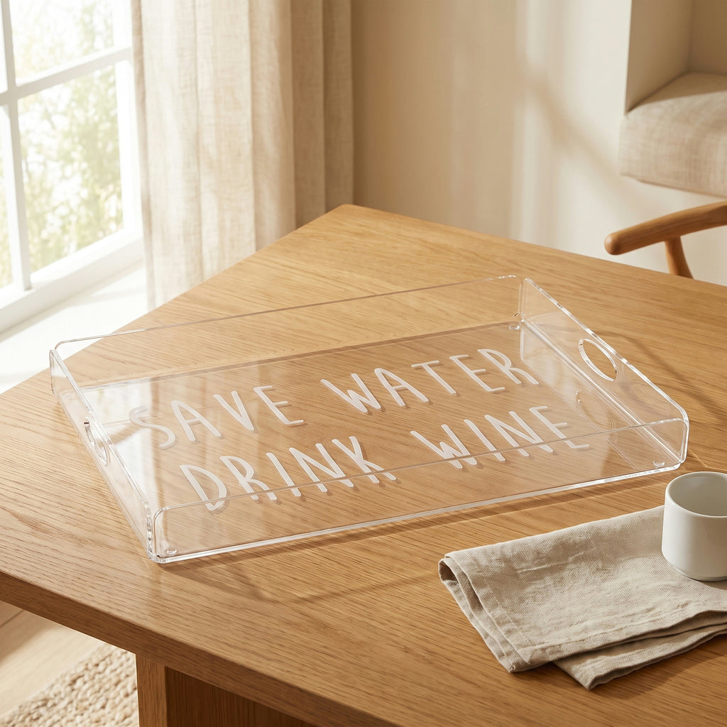 Plateau en plexi gravé « Save water, drink wine », posé sur une table en chêne dans une pièce lumineuse, avec une tasse blanche et une serviette en lin