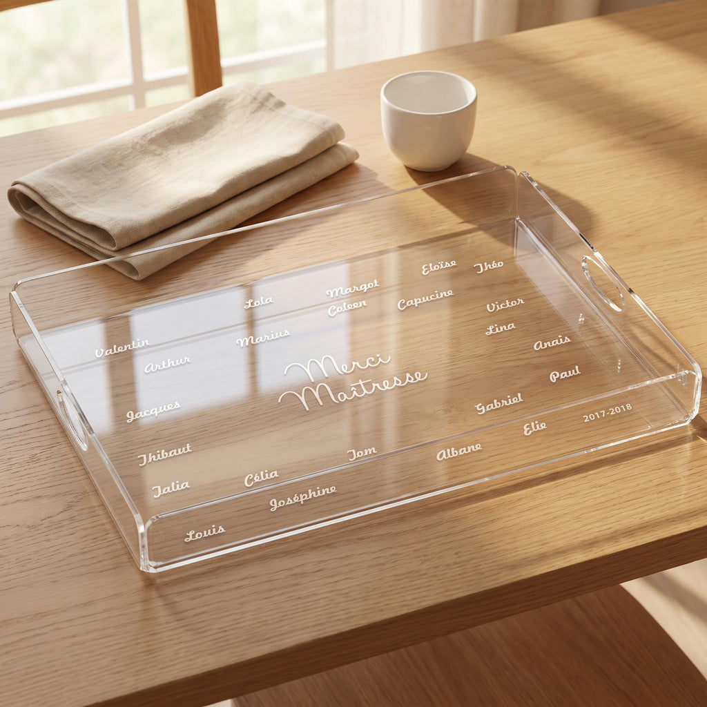 Plateau en plexi gravé « Merci maîtresse » entouré des prénoms des élèves, posé sur une table en chêne avec une tasse blanche et une serviette en lin
