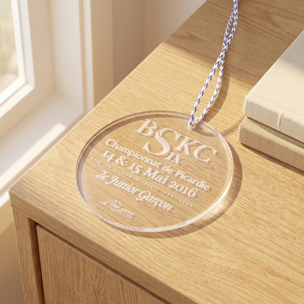 Médaille en plexi gravée du championnat de Picardie, avec son ruban rayé bleu et blanc, posée sur un buffet en chêne à côté de livres reliés