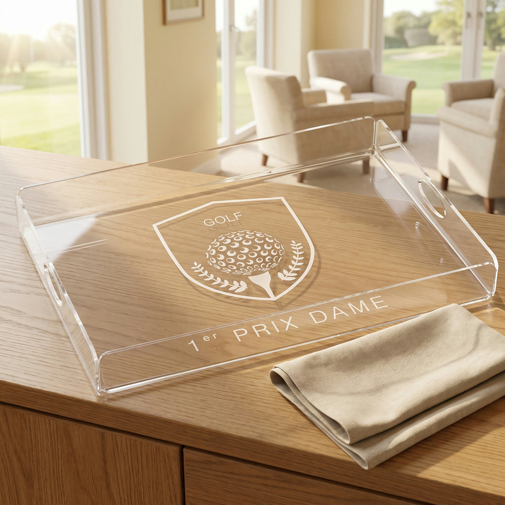 Plateau trophée en plexi gravé d'un écusson de golf « 1er prix dame », posé sur un buffet en chêne dans un salon lumineux, avec une serviette en lin